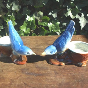 Vintage Stoneware Mountain Blue Birds with Nest Tea Light Votive Candle Holders / Planters – Circa 30’s – set of 2