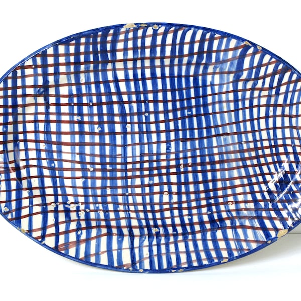 Vintage Serving Folk Art Oval Platter Checker / Plaid Pattern Tray Dish - Blue and Red Line Striped Pottery Plate - Good Condition