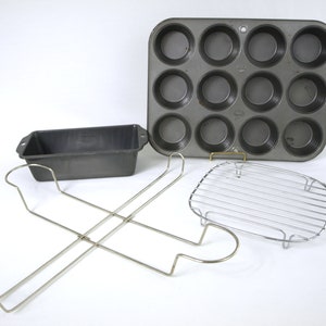 Vintage Exco T120 Cupcake Pan / Exco Bread Pan / 8.25&quot; Rounded Square Cooking Rack / 16&quot; x 11.5&quot; Pan Rack Lot of 4 Kitchen Ware