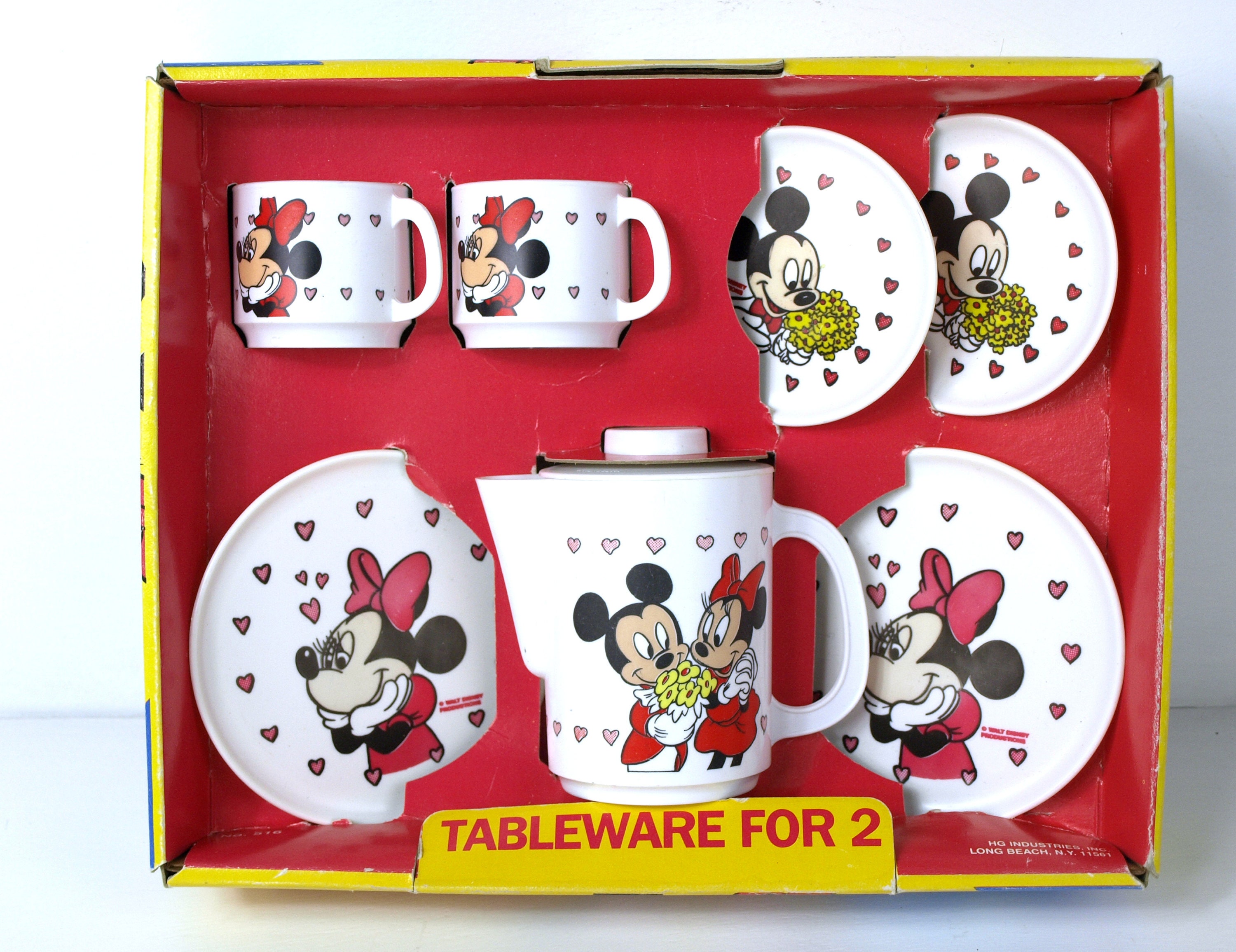 Vintage Mickey & Minnie Mouse Geschirr für 2 von The Walt Disney Company - Nr. 516 - HG Industries Inc - Guter Zustand in der Originalverpackung