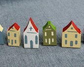 Miniature 1 quot Hand Painted Wood Houses - Primitive Detail - Craft Supply or Miniature Diorama Folk Art - Set of 6 - Several Available