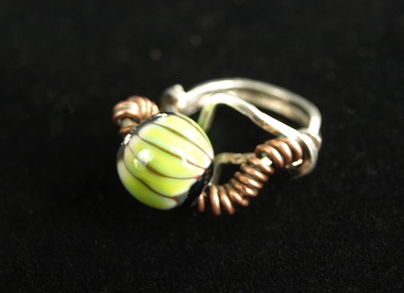 Vintage Art Glass & Sterling Silver Ring - Flamew… - image 1