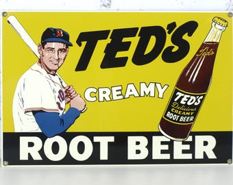 Vintage Reproduktion eines Porzellanschildes für Ted Williams Creamy Root Beer mit roten Socken, emailliert, von Ande Rooney, ca. 1990er Jahre, sehr guter Zustand