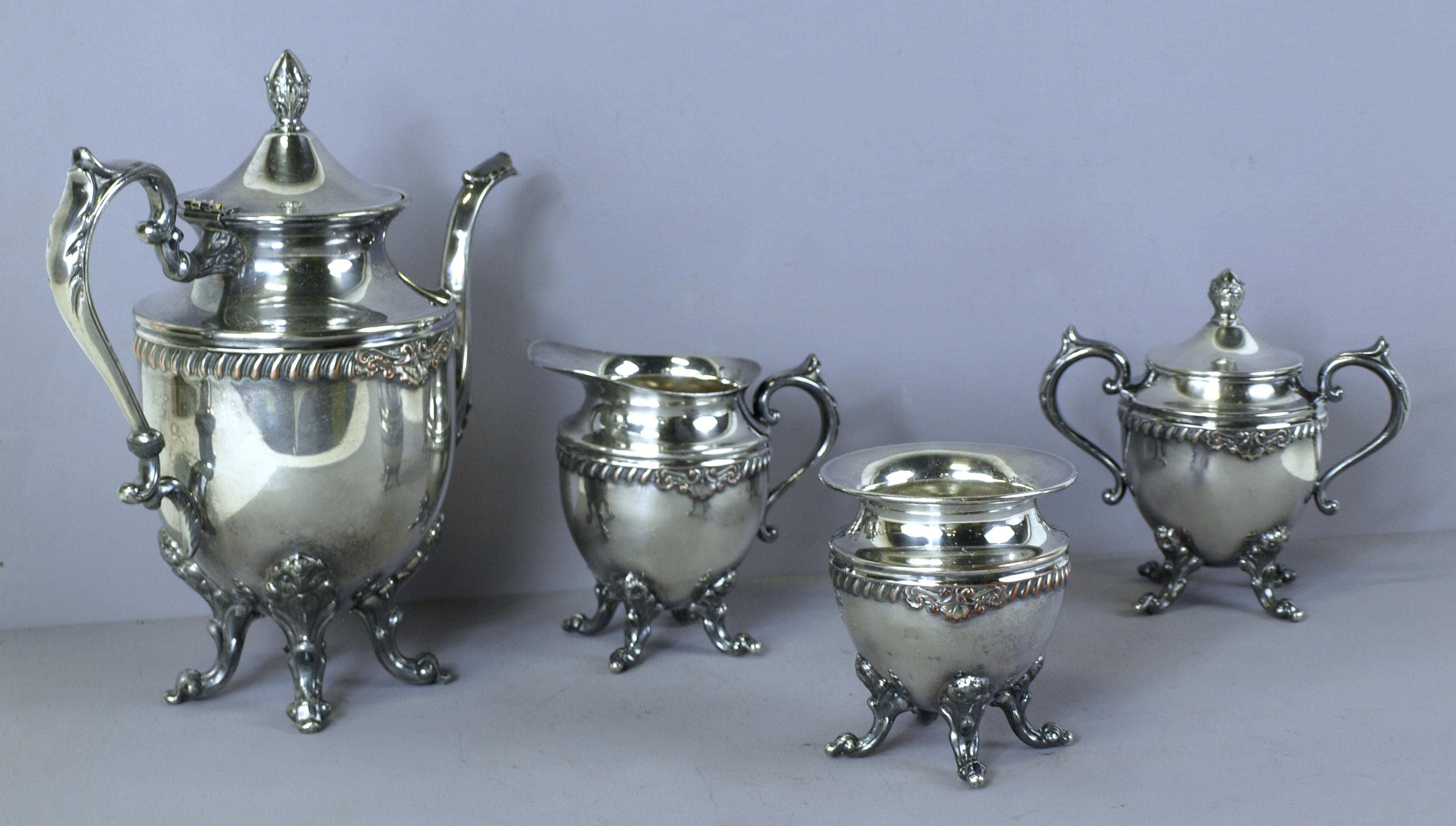 Vintage Sheridan Silver Plated Tea Set, 4 Pieces W/ Teapot, Lidded