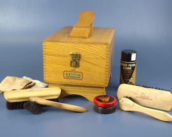 Vintage Griffin Shinemaster Shoe Shine Storage Box Kit Filled w Brown and Black Brushes & Polish Rags 11.25" L x 10.25" T x 8" W Good Cond