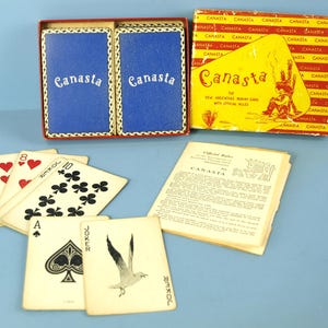 Juego de cartas Canasta vintage de Whitman Publishing, década de 1950, en caja original. Completo.