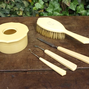 Vintage French Celluloid Ivory Py-Ra-Lin Du Barry Vanity Dresser Set – Powder Box, Hair Brush and Nail Care Tools – 5 Piece set