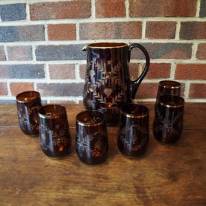 Vintage Bohemian Ruby Red to Clear Hand Etched Crystal Pitcher Set with Gold Trim and 6 Tumbler Cups image 3