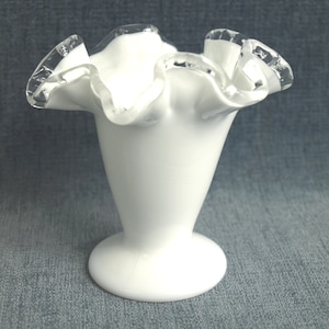 Rare Vintage 1940&#39;s Fenton Silver Crest 4&quot; Vase Clear Double Crimped Crest on Milk Glass