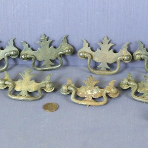 Antique Steel Chippendale Style Drawer Pulls with Bronze Finish Colonial Revival Reclaimed Hardware Matching Set of 9 with Patina - 3"