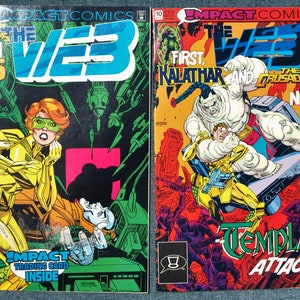 May include: Two comic book covers featuring the characters from the "The Web" series. The first cover shows a woman in a yellow and gold suit with a red background. The second cover shows a man in a yellow and gold suit fighting a large, white, muscular creature. The text on the covers reads "The Web" and "First, Kalathar and the Crusaders! Now-- Templar Attacks!"