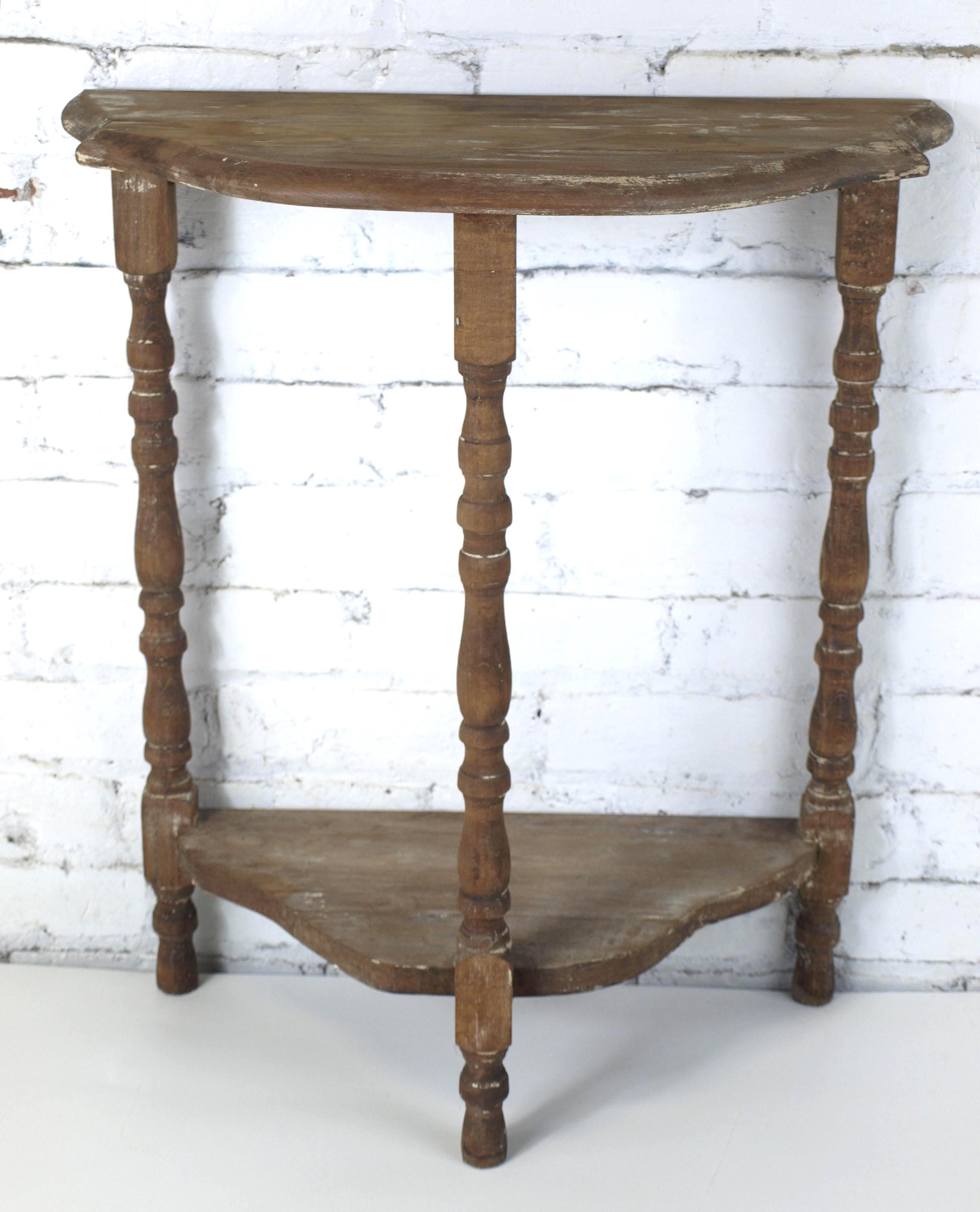 Primitive Tiered Demilune Console / Hallway Table - Stripped w/ Paint Remnants - Shabby Chic Edwardian Style - 24" H x 22" W x 11" D