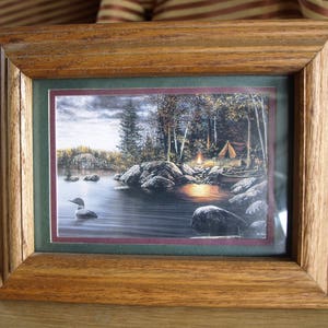 Small Art Print of Campsite by the Lake – Woodland Nature Artwork 6” wide x 4” tall