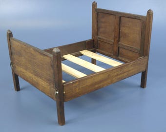 Antique Wooden Doll Furniture Bed | Small Toy Bed Frame with Slats | 8" High Headboard Miniature Panel Bed