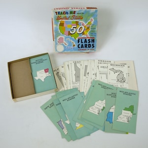 Juego de cartas didácticas "Enséñame sobre Estados Unidos", de Renwal, c. 1962 - Tarjetas didácticas de Estados Unidos con sugerencias para uso en casa y en clase
