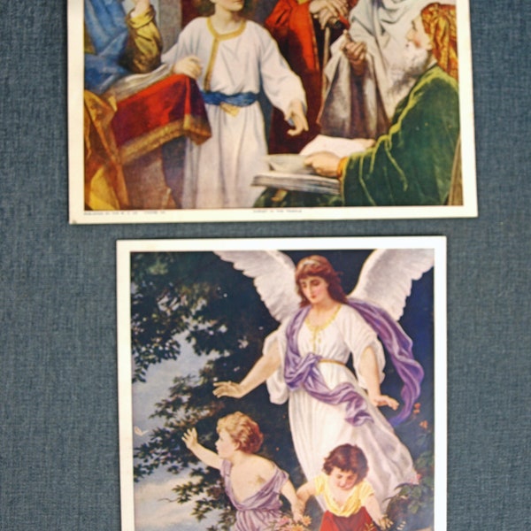 Vintage W. C. Co., Inc. Lithograph Religious / Spiritual Prints / Posters - The Guardian Angel & Christ in Temple - Mid Century Bible Art
