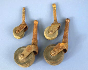 Late 1800s Antique Wooden Wheel Casters Lot of 4 – Mixed Sizes Victorian Era Furniture Replacement Parts with Metal Stems