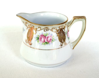 Vintage Nippon Hand Painted Porcelain Creamer with Gold Trim and Rose Pattern
