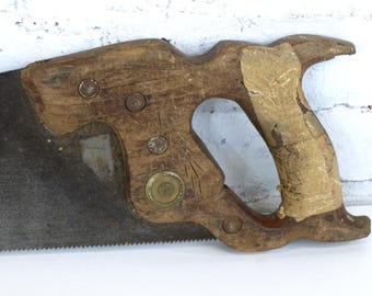 Vintage H Disston & Sons Phila Crosscut Hand Saw with Carved Wood Handle w/ Tape - 23" Long Blade - Fair Condition