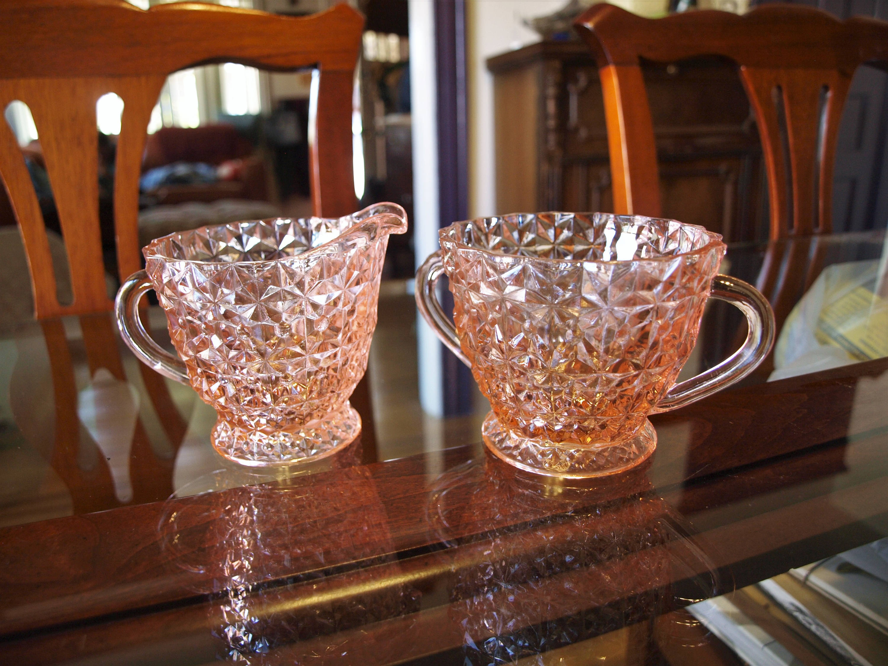Pink Depression Glass Creamer and Sugar Bowl Diamond Cube | Etsy