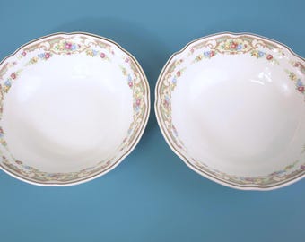 Vintage Mount Clemens Mildred Pattern Soup or Vegetable Serving Bowls with Floral Border, Scallop Edge and Gold Trim - Set of 2 at 7.75" dia