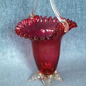 Vintage Hand Blown Cranberry Art Glass Vase / Basket with Ruffled Edge, Handle and Point Leaf Base - 8.5&quot; tall