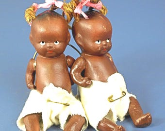 Vintage African American Infant Dolls, Jointed Porcelain Bisque - Made in Japan, circa 1930's - Original Cloth Diaper & Hair Bows - Good+