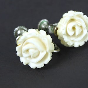 Vintage Carved White Rose Screw Back Earrings, Circa 1950&#39;s - Clip or Screw Back Earrings - Mid Century Fashion Jewelry