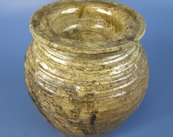 Vintage Studio Pottery Canister with Cup Lid, Ribbed Earthy Stoneware Storage Jar, Olive Green Celadon Lidded Crock, Unsigned Craft