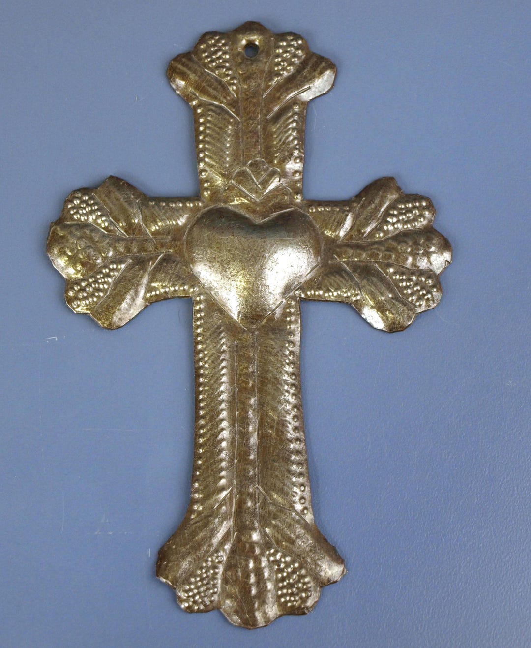 Vintage Artisan Made Milagros Heart Metal Cross, Likely Made in Mexico ...