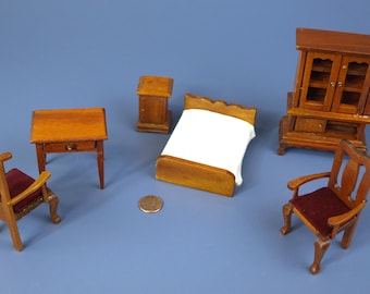 Vintage Albert E. Price 6 Piece Wooden Dollhouse Miniature Furniture with a Bed, 2 Chairs, Table, Nightstand & Armoire In Excellent Cond