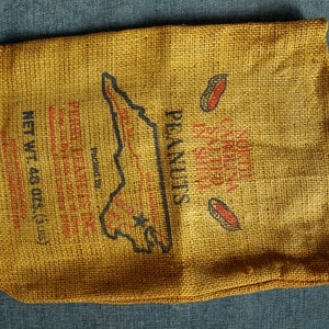 Vintage North Carolina Salted in Shell Peanuts Burlap Bag Advertisement - packed by Perry Peanuts Inc - Net Wt. 48 ozs (3 lbs) - bag only