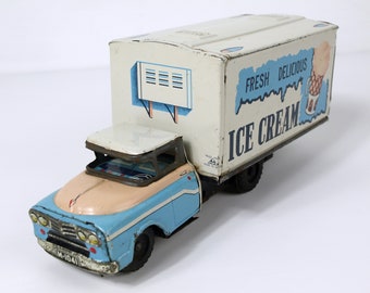Vintage ijswagen - wrijvingsspeelgoed uit de jaren 50 - blikken vrachtwagen - goede staat