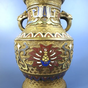 Antique Japanese Enamel Champleve Brass Vase with Double Handles
