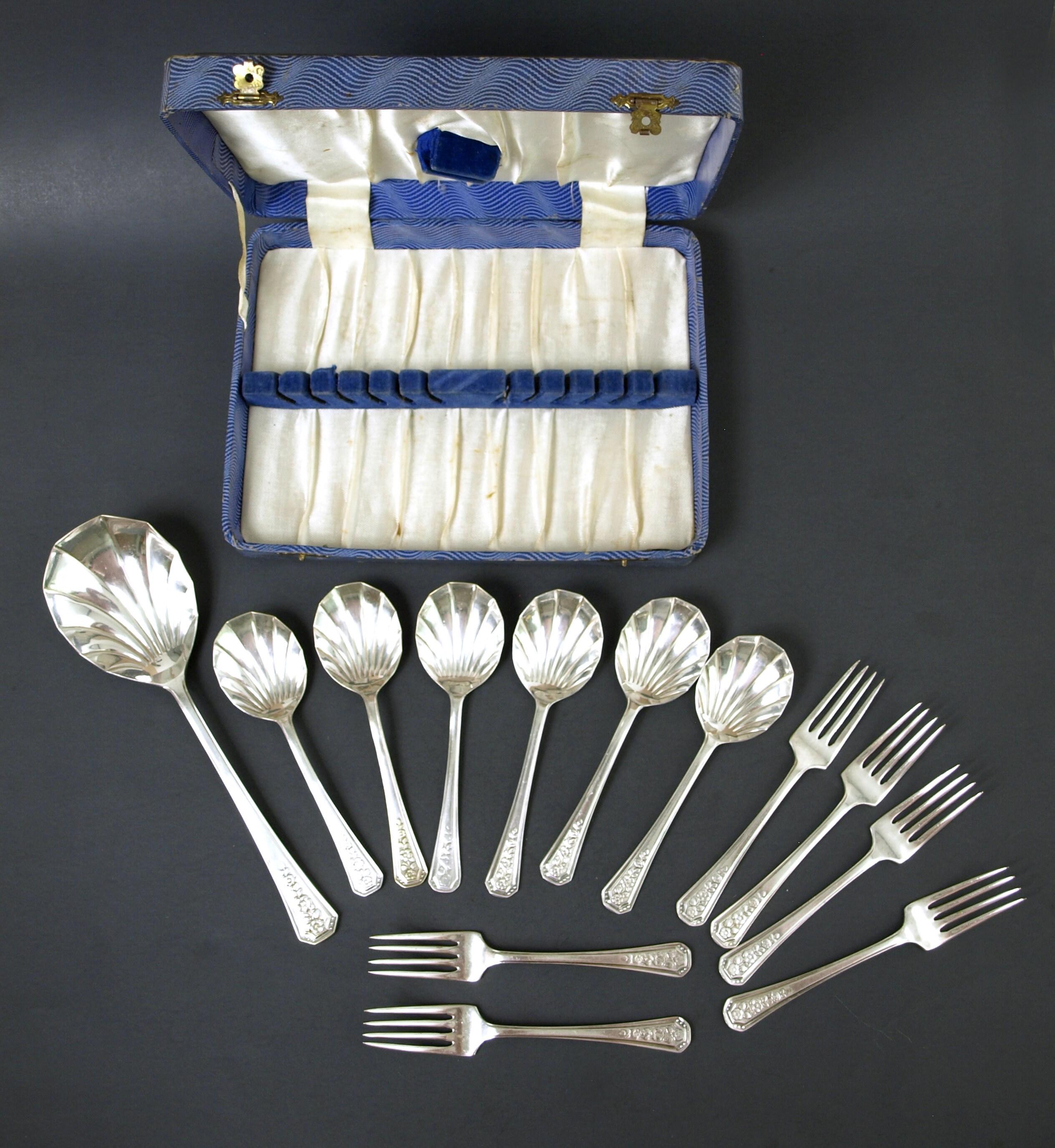 Vintage Silver Plate Dessert Flatware Set w/ Serving Spoon in Original Box, Circa 1950's - EPNS Flatware, Service for 6 in superb Cond