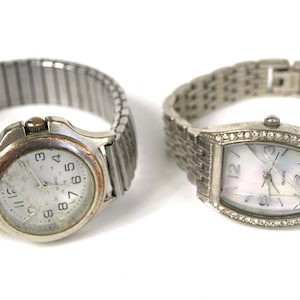 Vintage Pair of Ladies Quartz Fashion Wrist Watches - Working, with Broken Crystals - Silvertone Watches for Parts or Repair