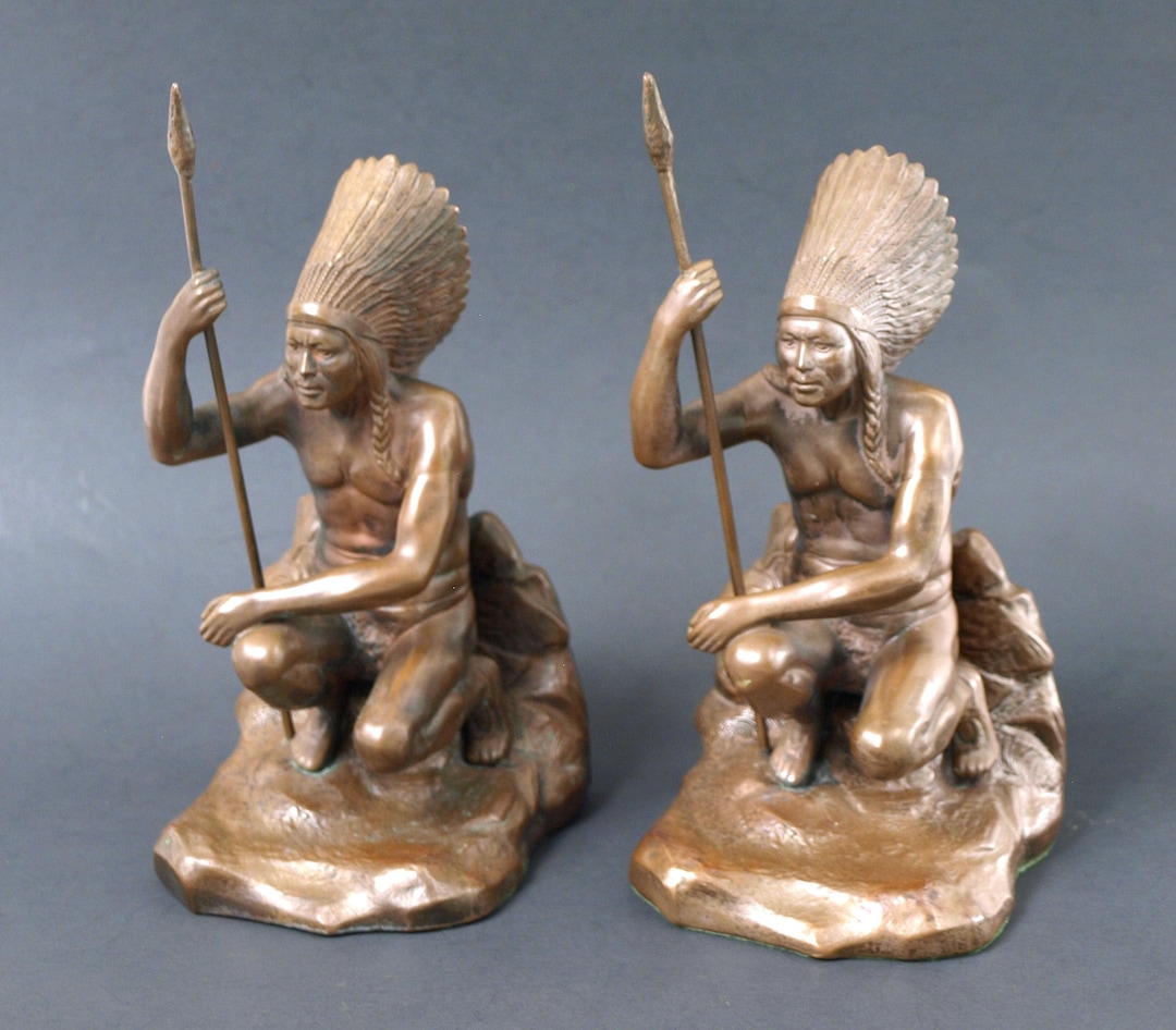 Antique Pair of Jennings Bros. Bronze Indian Chief Bookends