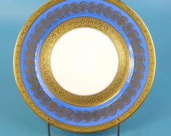 Antique T&V Limoges France 11 Inch Charger Plate, Gold Encrusted Cobalt Blue Service Plate, Tressemanes and Vogt Porcelain Cabinet Plate