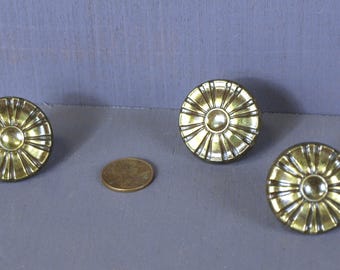 Vintage Solid Brass Drawer Knob Handles with Sun / Flower Radial Design - Lot of 3 - Great Condition - 1.25"