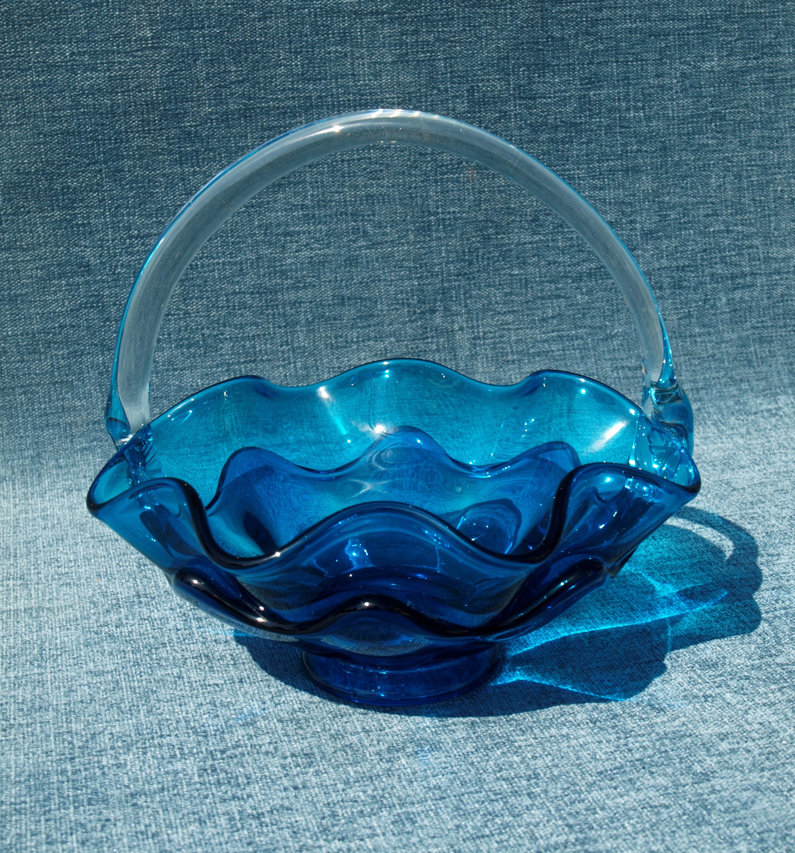 Vintage Cerulean Blue Glass Serving Bowl Basket With Ruffled Etsy UK