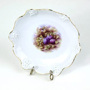 Vintage RGK Czechoslovakia "Leander" Floral Bone China Small Footed Dish w Gold Trim and Fruit Plums and Grapes Design circa 1940's - Mint