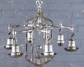 Antique Lion Electric Co. White Metal Art Nouveau 6 Light Chandelier circa Early 20th C