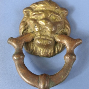 Antique Victorian Ornate Heavy Cast Brass Lion Head Drawer / Cabinet Pull or Miniature Door Knocker Reclaimed Hardware
