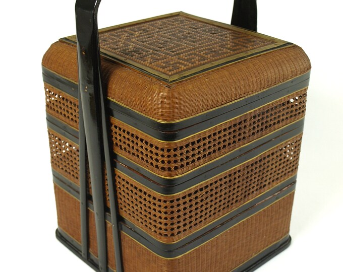 Antique Woven Rattan and Bamboo Japanese Wedding Basket With Manji