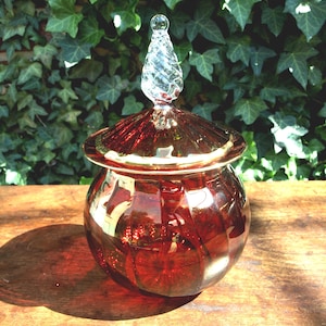 Zodax Ruby Red Glass Lidded Candy Dish with Clear Glass Finial and Gold Trim – Thin and Delicate Glassware Made in Egypt