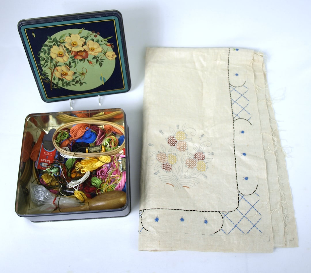 Vintage Embroidery Kit Including Duchess Hoop, Floss, Needles, Sock