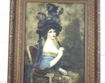 Jules Abel Faivre Lady with a Fan French School of Art Print in Ornate Bronze Finish Frame - Professionally Re-Framed - 22.5" H x 17.5" W
