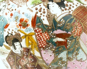 薩摩　日の出　鶴　花瓶　古城画 アンティークの日本製薩摩焼花瓶、明治時代（1868～1912年） - 芸者
