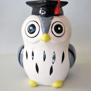 Porcelain Hand Painted Owl Bank with Graduation Mortarboard Cap