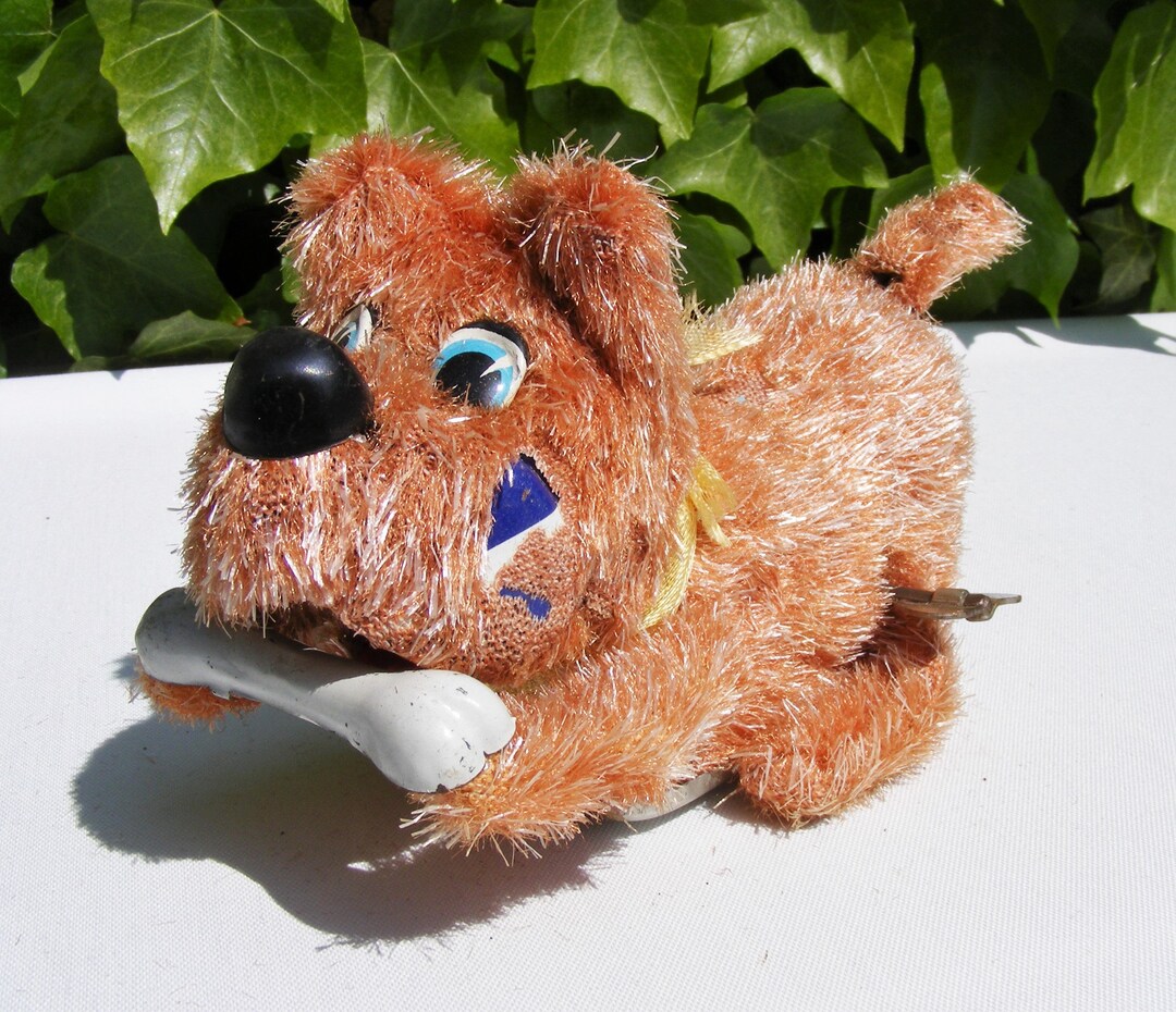 Vintage Wind up Toy Dog With a Bone Fur Covered Made in Etsy